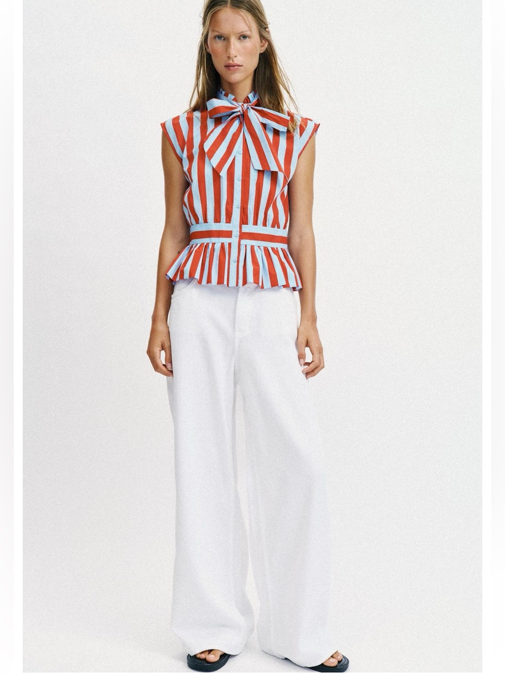 ZARA NEW WOMAN KNOTTED STRIPED BLOUSE RUFFLE REH RED BLUE - Picture 2 of 9